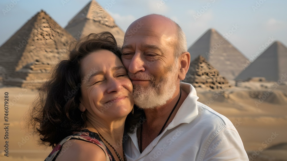Senior couple embracing with love near the majestic pyramids of egypt. a timeless moment captured in a travel setting. emotion and history combined. AI