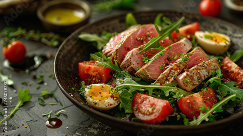 Tuna Nicoise - salad with rare steak of tuna photo
