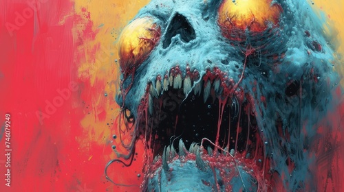  a close up of a painting of a monster with its mouth open and blood dripping from the mouth of another monster with its mouth wide open, on a red background.