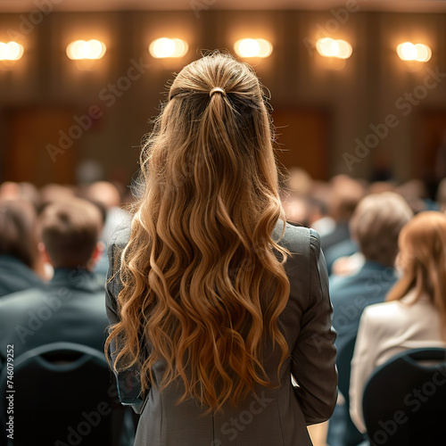 Rear view of female conference speaker