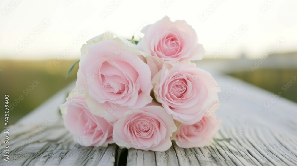 a bouquet of pink roses sitting on top of a wooden table in front of a blurry background of grass. a bouquet of pink roses sitting on top of a wooden table in front of a blurry background of grass.