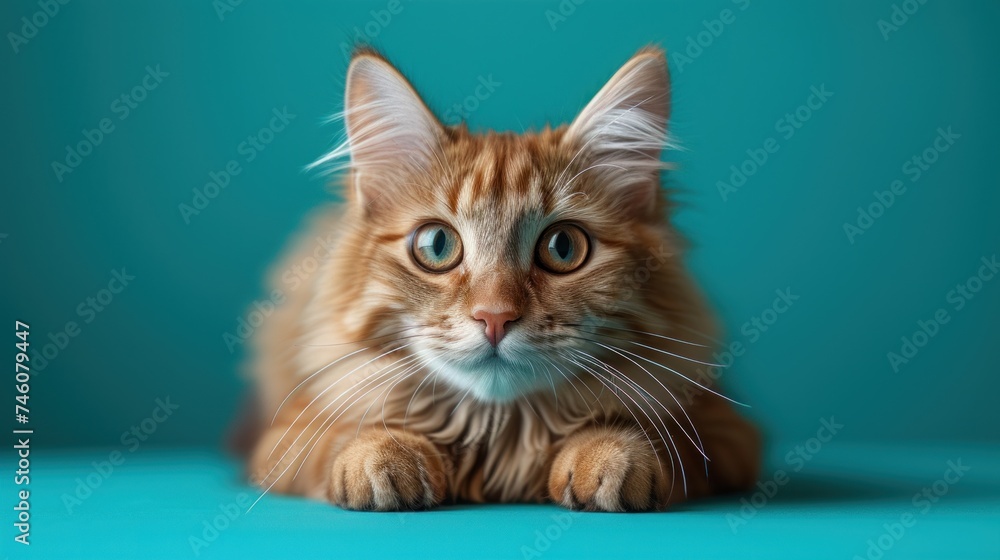 a close up of a cat laying on a blue surface with it's eyes open and looking at the camera with a serious look on it's face. a close up of a cat laying on a blue surface with it's eyes open and looking at the camera with a serious look on it's face.