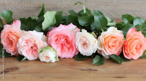 a group of pink and white roses sitting on top of a wooden table next to a green leafy plant.