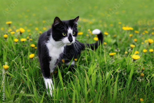 A black and white cat walks on green grass with yellow dandelions.