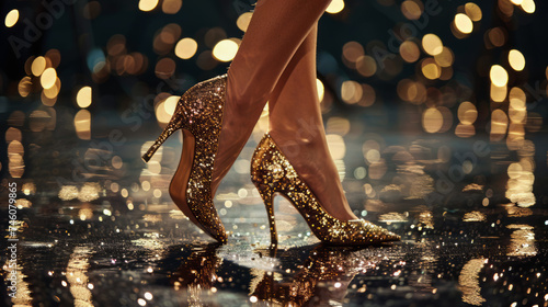 Female legs in gold glitter chunky high heel pumps. Shoes for wedding, Christmas, new year, evening, cocktail, night out. Golden stiletto heels.