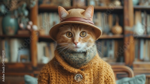 a cat wearing a hat and a sweater in front of a bookshelf with a scarf around it's neck and a scarf around it's neck.