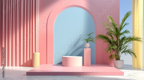 a pink room with a plant