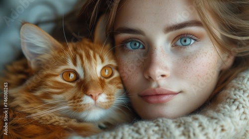  a woman with freckled hair and blue eyes cuddles with an orange and white cat in her arms  both of which are looking at the camera.