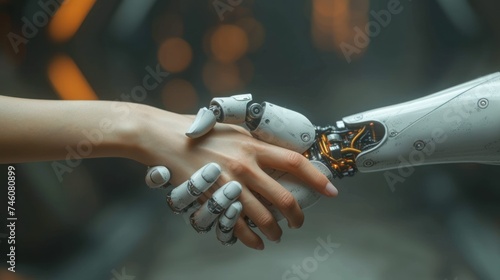  a close up of a person shaking another person's hand with a robot arm in front of a background of yellow and gray lights and black circles and white lights. © Wall
