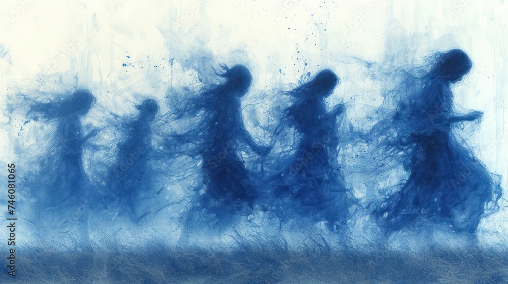  a painting of a group of people walking through a foggy area with blue smoke coming out of the top of the silhouettes of the silhouettes of them.