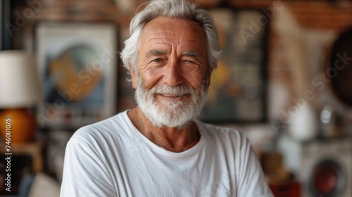  a close up of a person with a white beard and a white t - shirt in a room with pictures on the wall and a lamp on the wall behind him. photo