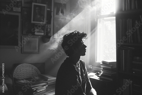 Silhouette of man in a sunlit room with smoke. Dramatic black and white photography concept for design and print photo