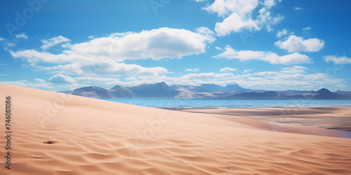 sand dunes and blue sky Desert sand dunes under blue sky with clouds Desert Dune cliff sand landscape with clean blue sky. Minimal Desert natural background. Scene of Dry land Sand  dusty road without