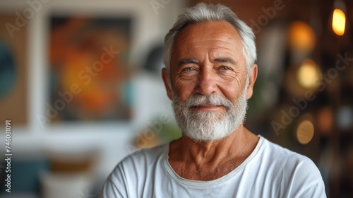  a close up of a person with a white beard and a white t - shirt in a room with pictures on the wall and a lamp in the back ground.