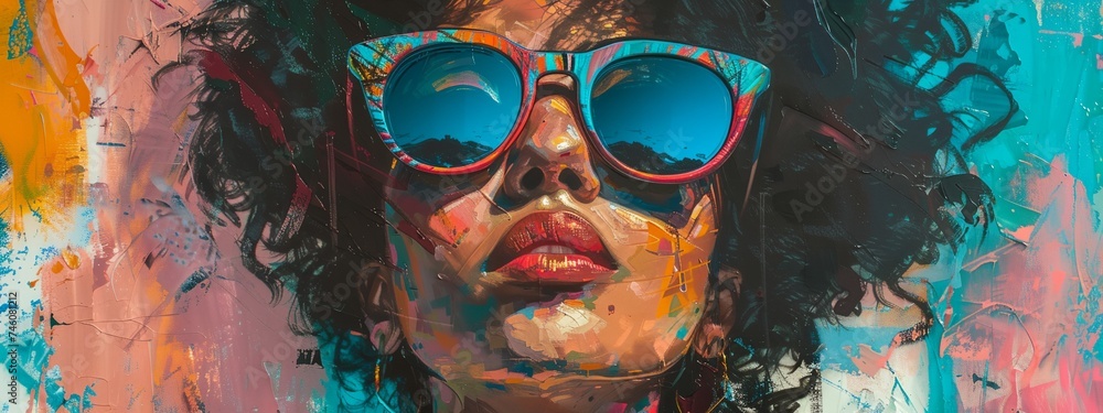 a painting of a woman with sunglasses a painting of a woman with sunglasses