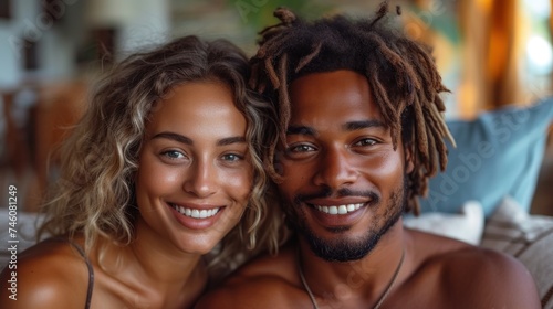 a man and a woman with dreadlocks are sitting on a couch smiling at the camera and looking at the camera man has dreadlocks on his face.