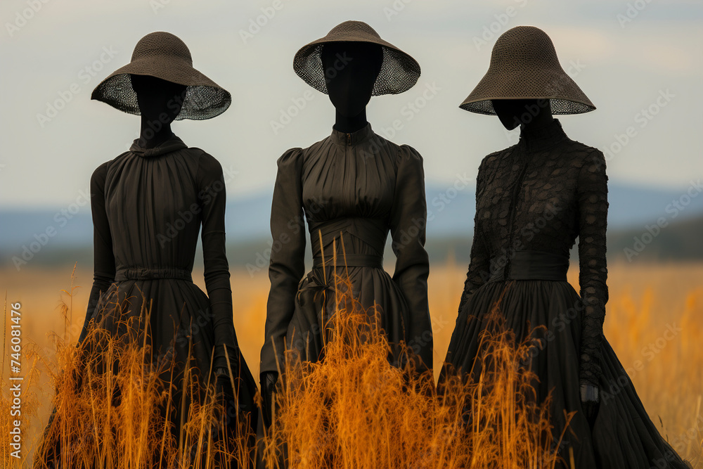 Silhouettes of three African women in a field in black vintage clothes. African women in the field. Wild West.