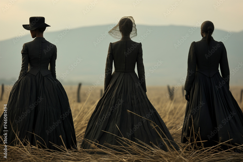 Silhouettes of three African women in a field in black vintage clothes. African women in the field. Wild West.