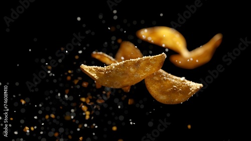 Crispy golden potato chips soaring against a black background, dynamic snack concept in low lighting. AI