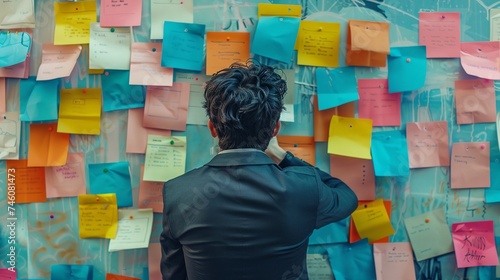 a person standing in front of a wall covered in post it notes