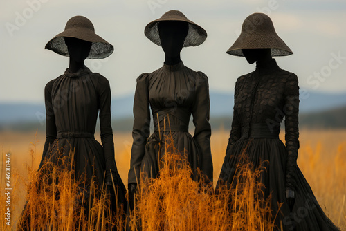 Obraz na płótnie Silhouettes of three African women in a field in black vintage clothes. African women in the field. Wild West. w salonie