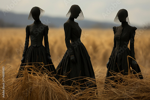 Silhouettes of three African women in a field in black vintage clothes. African women in the field. Wild West.