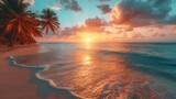  the sun is setting over the ocean with palm trees in the foreground and a beach on the far side of the ocean with waves coming in the foreground.
