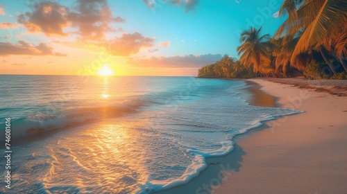  the sun is setting over the ocean with palm trees in the foreground and a sandy beach in the foreground with waves coming in the foreground and palm trees in the foreground.