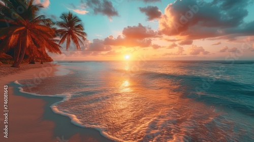  the sun is setting over the ocean with palm trees in the foreground and a beach on the far side of the ocean with waves coming in the foreground.