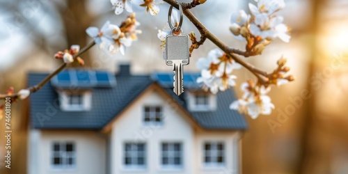 Springtime Home Ownership Concept with a House Key Hanging on a Blooming Branch, Symbolizing New Beginnings and Property Investment, Generative AI