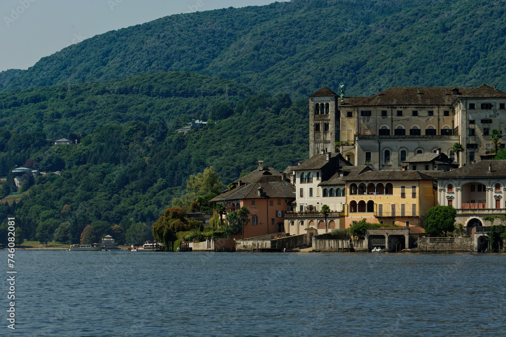 View on the isle of San Giulio, point of interest of Orta's Lake in Italia