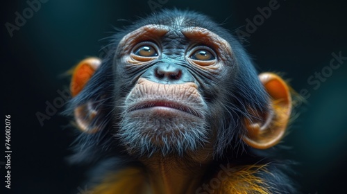  a close up of a monkey's face with a surprised look on it's face, looking at the camera with a serious look on it's face.