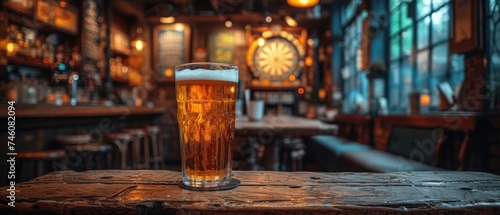  a tall glass of beer sitting on top of a wooden table in a room with a clock on the wall and a clock on the wall in the back of the room.