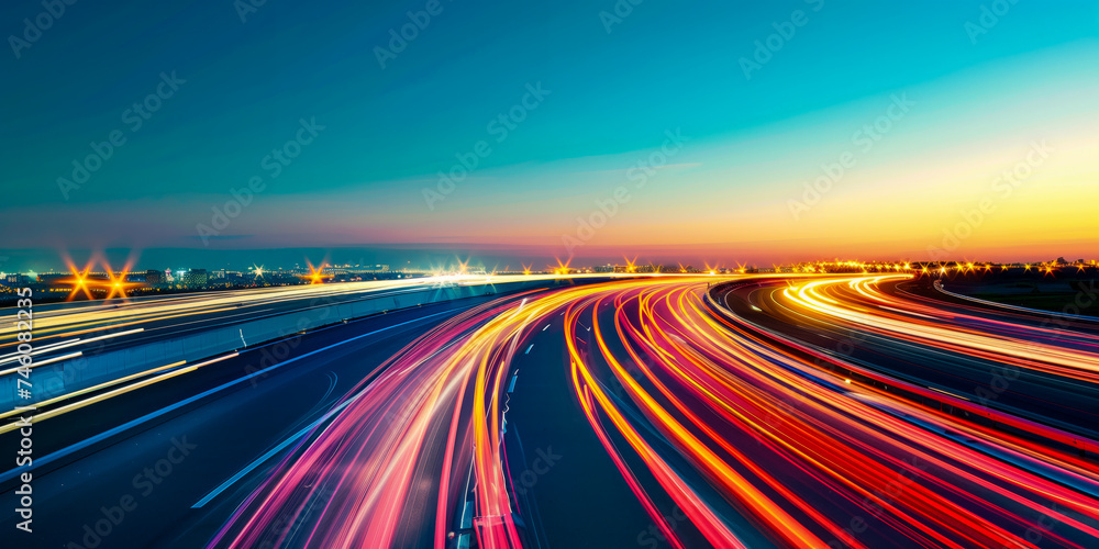 Traffic on highway at night with long-exposure effect - AI Generated Traffic on highway at night with long-exposure effect - AI Generated