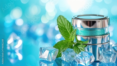 a close up of a metal container with ice cubes and a green leaf on the top of the container. photo