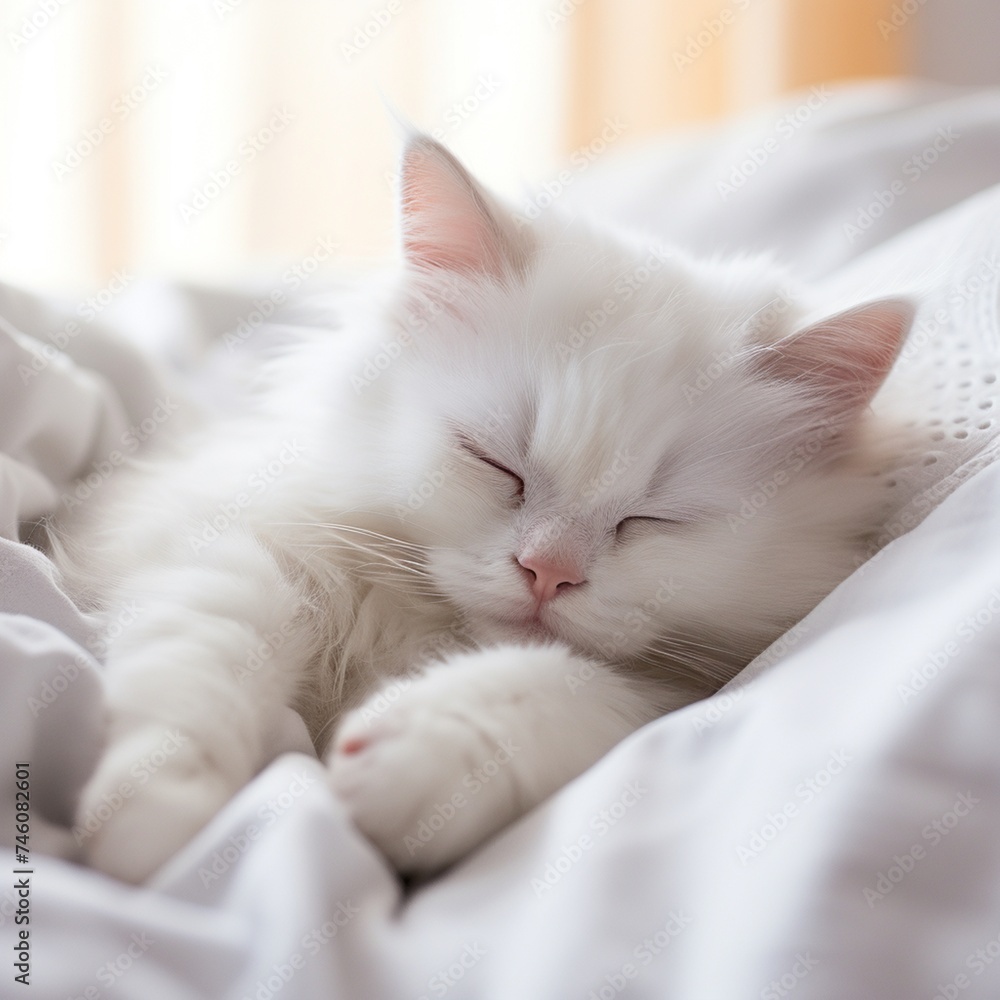 Cute white fluffy cat sleeping Persian picture