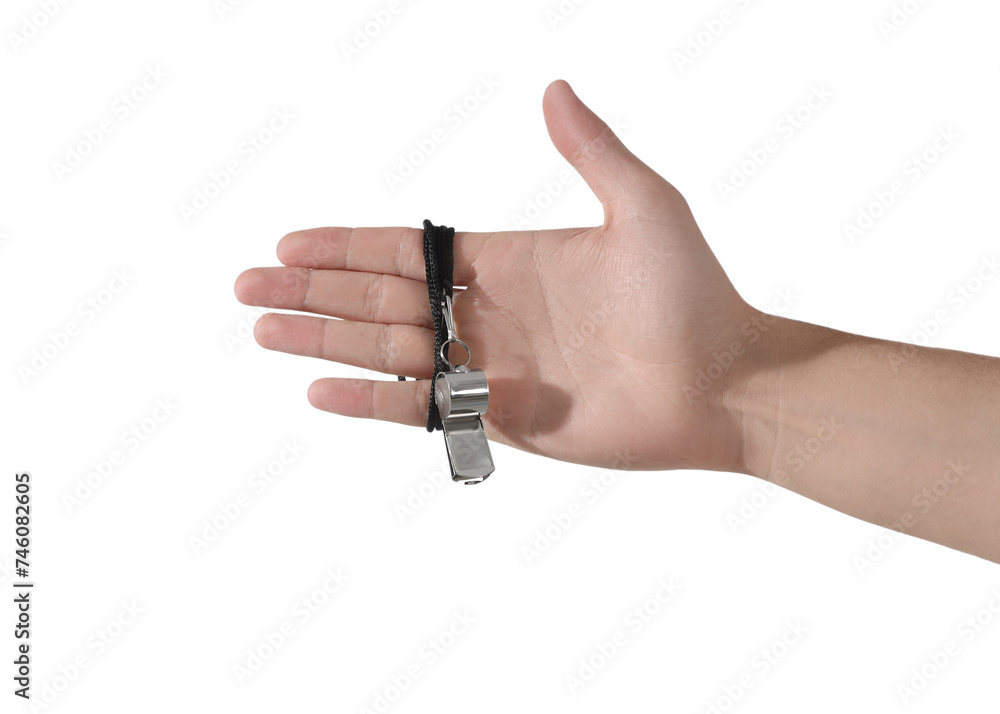 Referee holding whistle on white background, closeup Referee holding whistle on white background, closeup