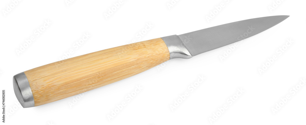 One sharp knife with wooden handle isolated on white One sharp knife with wooden handle isolated on white