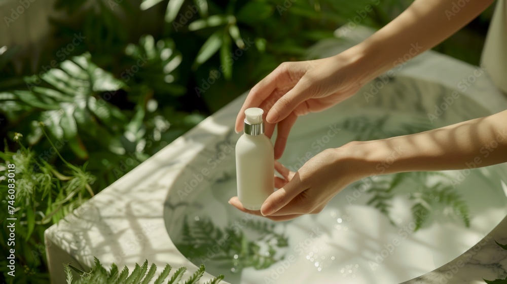 Female hands holding a white organic product bottle with a backdrop of tropical plants and sink decoration in bathroom, 