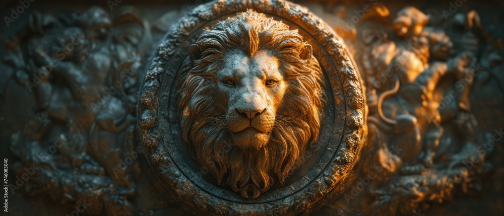 Obraz premium a close up of a lion's head on a metal doorknob with a lion's head in the center of the lion's head and a lion's head on the door.