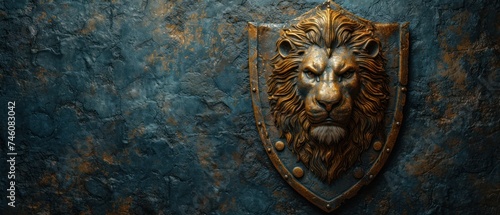  a close up of a lion's head on a stone wall with a shield on it's face and a rivet of rusted metal rivets.