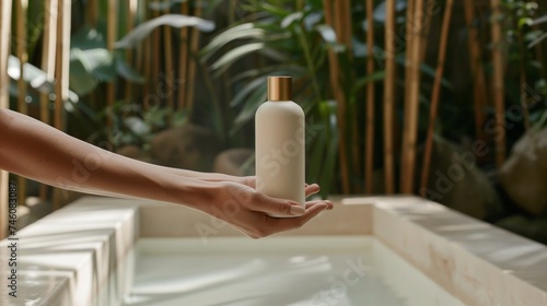 Female hands holding a white organic bottle with a backdrop of tropical plants and bath  