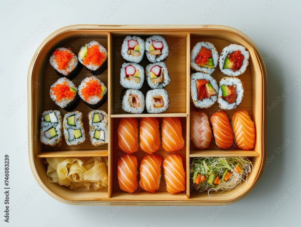 a wooden bento box knolling plenty of bento ingredients and sushi