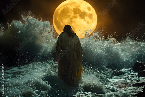 Jesus Christ walks on water at Night #746083230