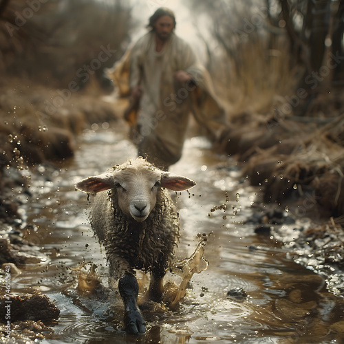 Jesus Christ far in the background running towards a dirty, lost baby sheep