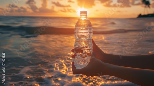 Hands holding a transparent water bottle against a beautiful beach sunset backdrop.