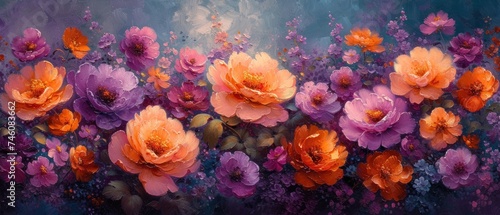  a painting of orange and purple flowers on a blue and purple background with water droplets on the bottom of the painting and on the bottom of the painting is an orange and purple flower.