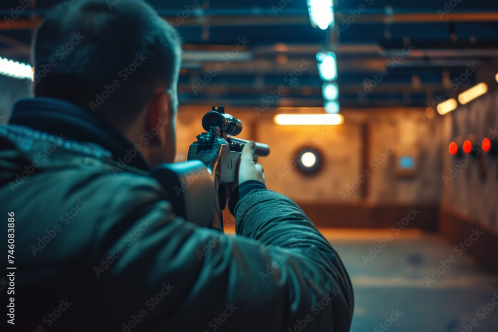 A man at a shooting range. Backdrop with selective focus and copy space A man at a shooting range. Backdrop with selective focus and copy space