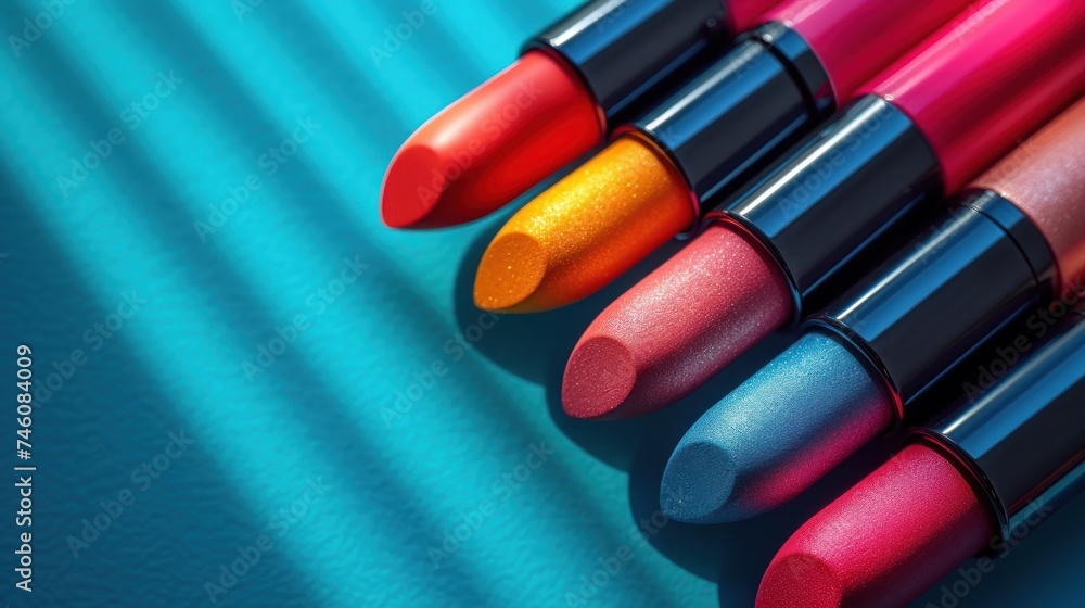 a group of colorful lipsticks lined up in a row on top of a blue surface with a light reflecting off of the top of the two of the lipsticks. a group of colorful lipsticks lined up in a row on top of a blue surface with a light reflecting off of the top of the two of the lipsticks.