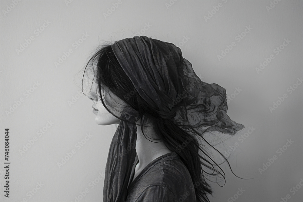 Profile of a woman with a headscarf and flowing fabric. Artistic black and white portrait with a focus on texture and movement for design and print